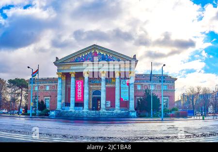 BUDAPEST, HUNGARY - FEBRUARY 23, 2022: Panorama of the facade of Palace of Art (Mucsarnok Kunsthalle) in Neoclassical style, located on Heroes' Square Stock Photo