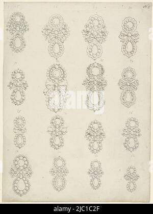 Designs of sixteen earrings with pearls, bows and flower patterns, numbered 67 to 82., Three Sheets with Designs for Earrings Earrings, draughtsman: anonymous, France, (possibly), c. 1750 - c. 1780, paper, pen, h 265 mm × w 198 mm Stock Photo