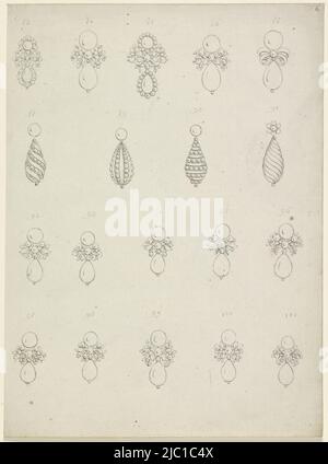 Designs of nineteen earrings with pearls and floral patterns, numbered 83 to 101., Three Sheets with Designs for Earrings Earrings, draughtsman: anonymous, France, (possibly), c. 1750 - c. 1780, paper, pen, h 265 mm × w 196 mm Stock Photo