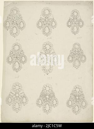 Designs of nine earrings or brooches with pearls, bows and floral patterns, numbered 102 to 110., Three Sheets with Designs for Earrings Earrings Earrings or brooches, draughtsman: anonymous, France, (possibly), c. 1750 - c. 1780, paper, pen, h 265 mm × w 203 mm Stock Photo