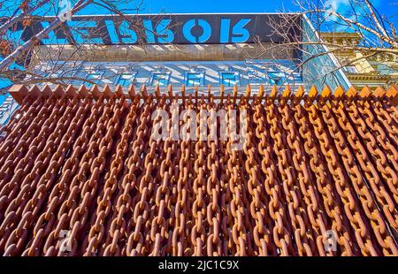 BUDAPEST, HUNGARY - FEBRUARY 23, 2022: The chains at the House of Terror museum building on Andrassy Avenue, on February 23 in Budapest, Hungary Stock Photo