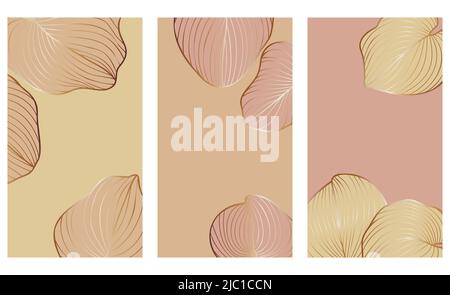 Abstract hosta leaves templates set. Luxurious art deco background with tropical leaves. Hand drawn pastel colored set. Aesthetic patterns for social Stock Vector