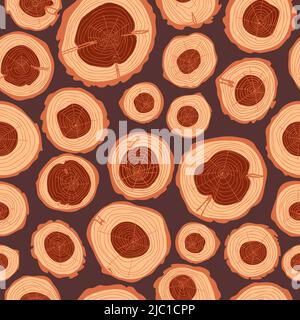 Seamless pattern from cuts of tree trunk, round cut of logs background, wavy rings, concentric hand drawn circles, wooden backdrop vector illustration Stock Vector