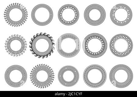 Circle greek frames. Round meander borders. Decoration elements patterns. Vector illustration isolated on white background. Stock Vector