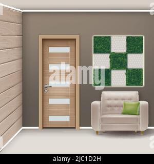 Vector illustration of modern interior room with furniture and vertical garden in minimalist style Stock Vector