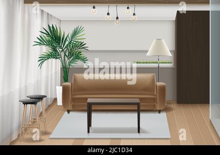 Vector illustration of interior design with furniture in eco-minimalist style Stock Vector