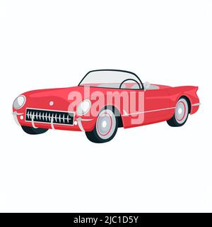 Old car drawing isolated vector. Retro red auto without roof. Cabriolet nastolgia illustration. Antique vehicle for emblem, business card and design Stock Vector