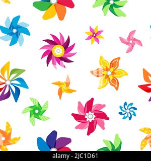 Pinwheel pattern. Seamless print of colorful summer children toy, fan spinner propelled by wind. Vector paper origami pin wheel texture Stock Vector