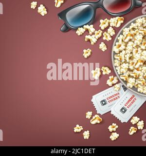 Vector bucket of popcorn with 3d glasses and two cinema tickets close up top view isolated on gray background Stock Vector