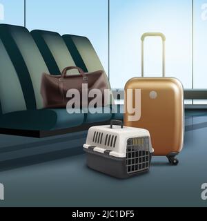 Vector illustration of travel with pet. Plastic carrier and luggage in airport Stock Vector