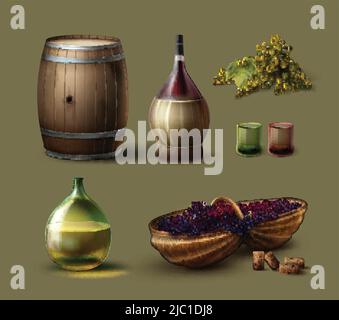 Vector set of winemaking with wooden barrel, vintage bottles, glassful, wicker basket and grapes isolated on background Stock Vector