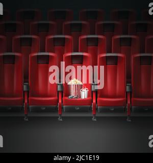 Vector red modern comfortable seats in cinema movie theater with pocorn, 3d glasses and two beverages Stock Vector