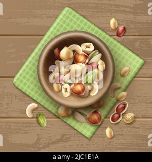Vector mix of different nuts in wooden bowl whole and half hazelnut, pistachio, peanuts, cashew on table with green checkered napkin Stock Vector