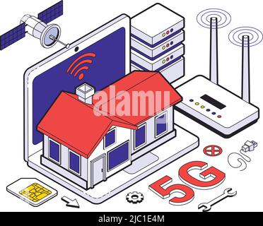 Web hosting isometric five g composition with wireless at home network and cloud services for work vector illustration Stock Vector