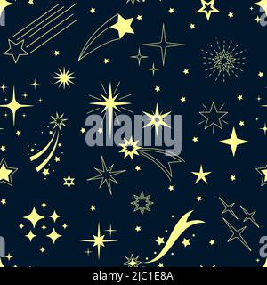 Starry night pattern. Seamless print with shooting star and falling comet, night sky with cosmos landscape. Vector texture Stock Vector