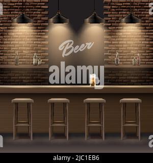 Realistic pub elements set with beer mug on bar counter menu lamp wooden barrel of foamy drink alcohol bottles chairs vector illustration Stock Vector