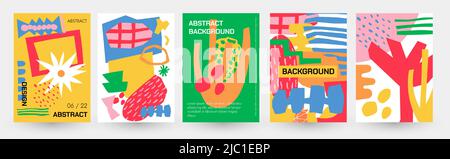 Abstract art posters. Banners with organic shapes and nature minimalistic florist textures, flyer and book cover template with chaotic blob brush Stock Vector