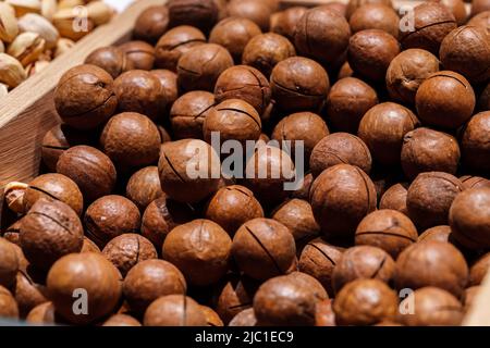 Close-up of assorted nuts on market counter Stock Photo