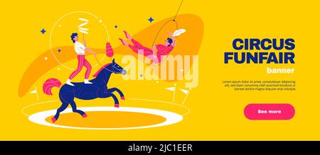 Circus funfair horizontal banner with equilibrist characters on horse and editable text with see more buttons vector illustration Stock Vector
