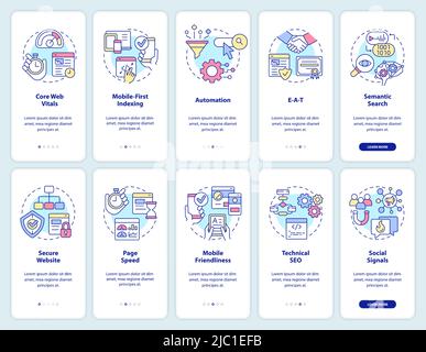 Search engine optimization onboarding mobile app screen set Stock Vector