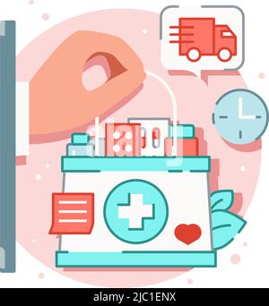 Online medicine flat composition with hand holding first aid box full of drugs with delivery sign vector illustration Stock Vector