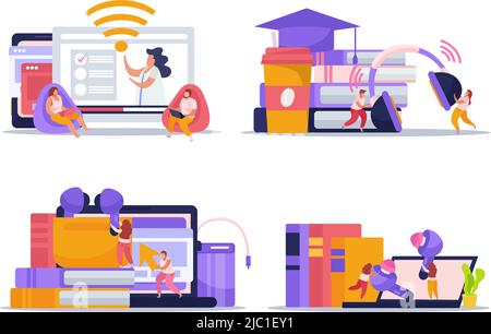 Wireless devices concept 4 flat compositions with smartphone tablet laptop ebooks reader earbuds earphones isolated vector illustrations Stock Vector