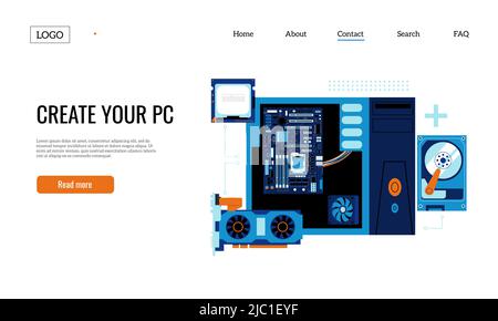 Gaming PC assembly landing. Personal computer components web page template with electric parts and accessories. Vector website Stock Vector