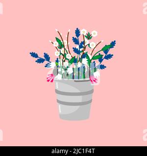 Beautiful Flowers with birds in Large garden bucket. Vector illustration for poster, banner, cover, card Stock Vector