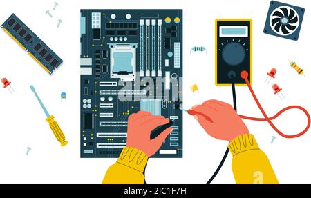 Computer repair. Electric circuit troubleshooting and maintenance with tester, semiconductor hardware components recovery. Vector illustration Stock Vector