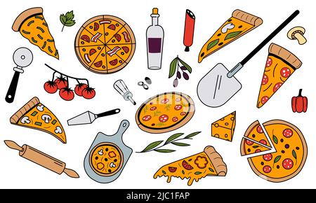 Doodle pizza ingredients. Colored national Italian cuisine food with cheese pepperoni tomato and olive oil. Vector restaurant menu graphic elements Stock Vector