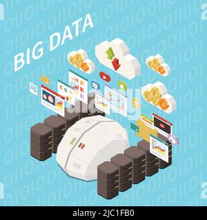 Artificial intelligence isometric composition with view of data tank brain server racks and cloud computing pictograms vector illustration Stock Vector