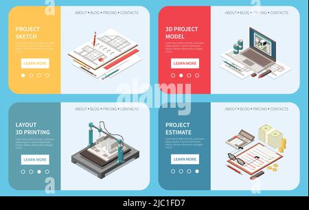 Set of four isometric architect horizontal banners with page switches learn more button and workspace elements vector illustration Stock Vector