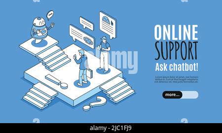 Isometric chatbot horizontal banner with people and droid characters messages editable text and slider more button vector illustration Stock Vector