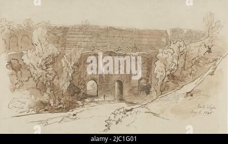 View of Ponte Lupo: ruins of a Roman aqueduct, View of Ponte Lupo (near Tivoli), draughtsman: Edward Lear, 2-May-1845, paper, pen, brush, h 258 mm × w 440 mm Stock Photo