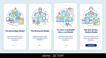 Types of healthcare systems onboarding mobile app screen Stock Vector