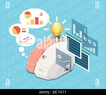 Artificial intelligence isometric composition with image of half electronic human brain thinking of graphs and data vector illustration Stock Vector