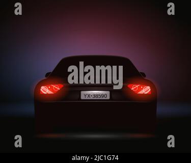 Realistic car number headlights night composition with rear view of automobile with license plate and backlight vector illustration Stock Vector