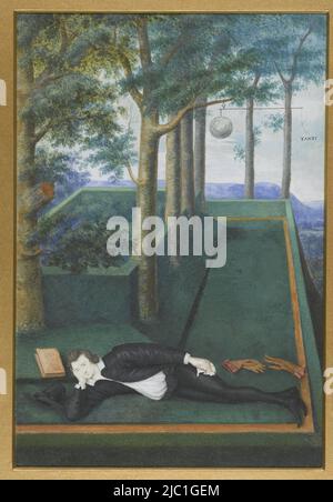 Henry Percy, ninth Earl of Northumberland (1564-1632), in front of two fenced gardens, Portrait of a reclining nobleman in an overgrown court, Portrait of Henry Percy, 9th Earl of Northumberland., draughtsman: Nicholas Hilliard, 1590 - 1595, parchment (animal material), brush, h 257 mm × w 173 mm Stock Photo