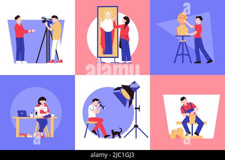 Artist creative professions design concept with square compositions with human characters of creators doing their work vector illustration Stock Vector