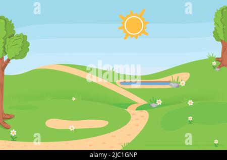 Cartoon summer landscape. Green grassland in sunny day Stock Vector