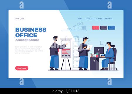 Business office concept web page banner with working on computers employees communication white board presentation vector illustration Stock Vector