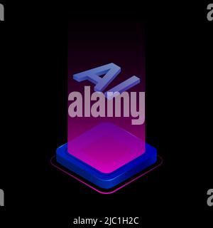 3D AI Icon in Pink Light. Isometric Element on black Background. Vector illustration Stock Vector
