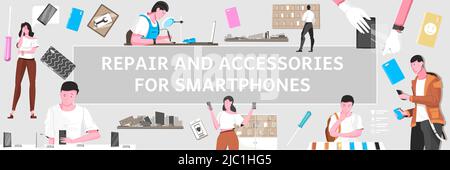 Smartphone flat and colored pattern with repair and accessories for smartphones headline vector illustration Stock Vector