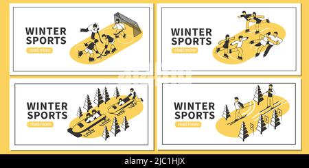 Isometric set of four horizontal banners with winter sports hockey figure skating skiing bobsleigh competitions 3d isolated vector illustration Stock Vector