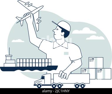 Cargo transportation concept. Marine shipping with freight plane and trucks Stock Vector