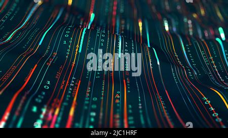 Wavy field, lines with a digital code. Digital structure, big data concept 3D illustration. Coded data loop. Cyberspace background Stock Photo