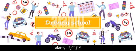 Driving school pattern with theory and training symbols flat vector illustration Stock Vector