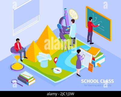 School history math lesson classes isometric composition  with teacher sitting on hourglass egyptian pyramids chalkboard vector illustration Stock Vector