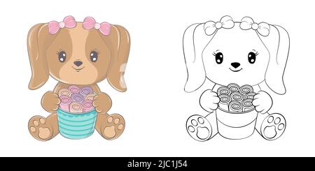 Cute Clipart Dog Illustration and For Coloring Page. Cartoon Clip Art Dog with Rolled Ice Cream.Vector Illustration of an Animal for Stickers, Baby Stock Vector