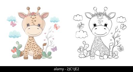 Cute Clipart Giraffe Illustration and For Coloring Page. Cartoon Clip Art Giraffe with Cacti and Butterflies. Illustration of an Animal for Stickers Stock Vector